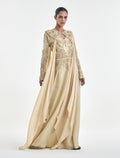 تصميم فستان اصفر فاتح بأكمام طويلة مع وشاح 
Long-sleeve maxi dress in light yellow with a sush