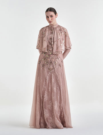 Dusty Rose Embroidered Lace Maxi Dress