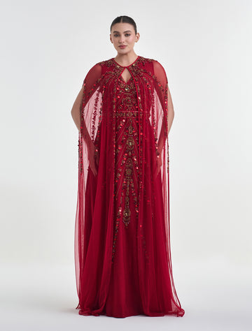 Red Embroidered Evening Gown