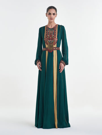 فستان أخضر غامق طويل بأكمام طويلة أنيقة
Dark green dress with long sleeves