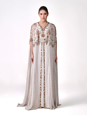 فستان آيفوري مطرز بالزخارف النباتية ماكسي