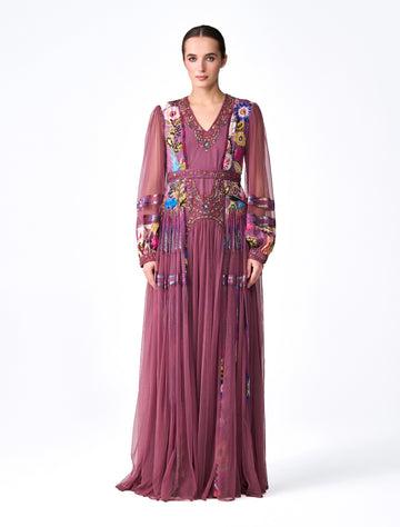 Mauve Floral Embroidered Evening Gown