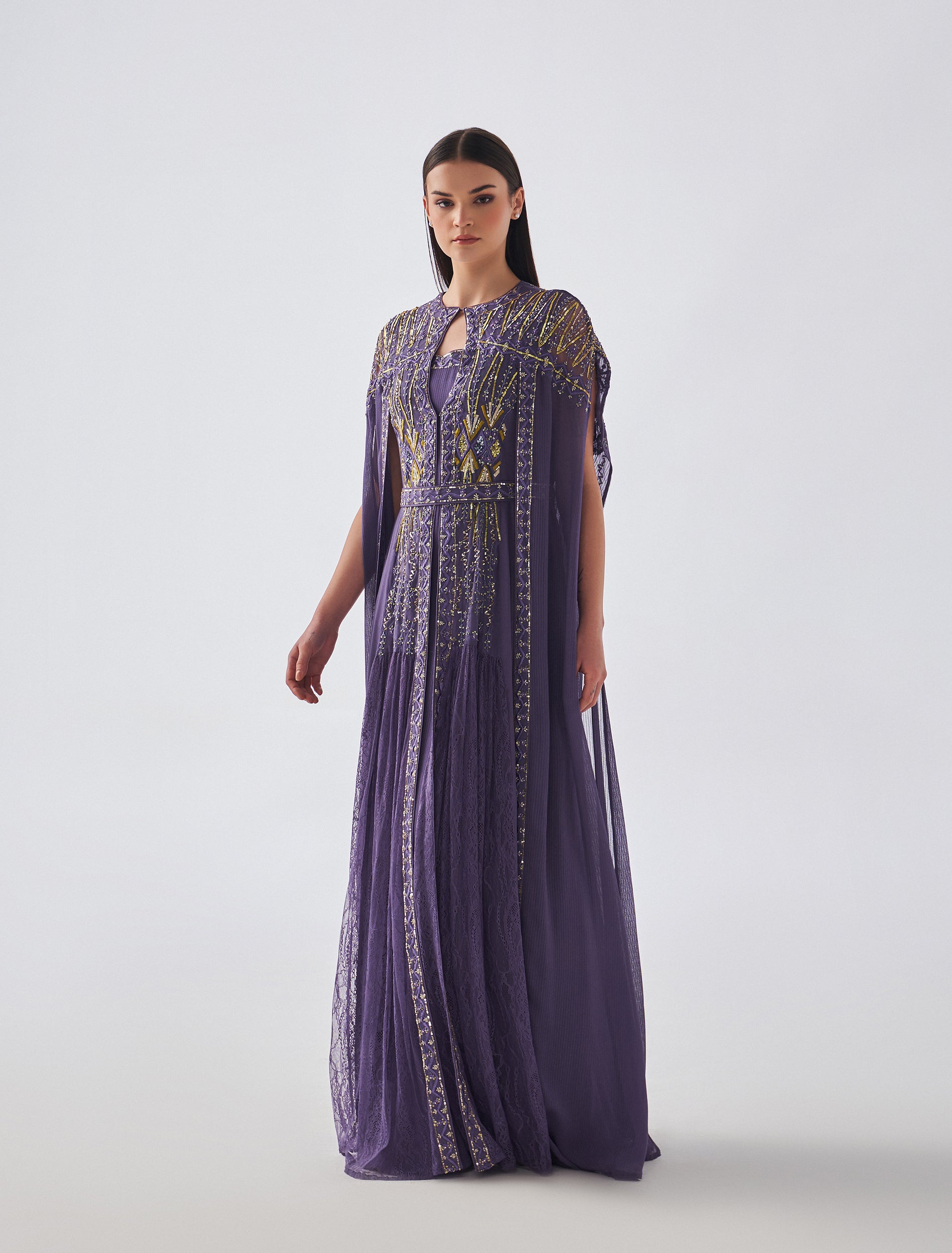 Long Cape Evening Dress with Embroidery