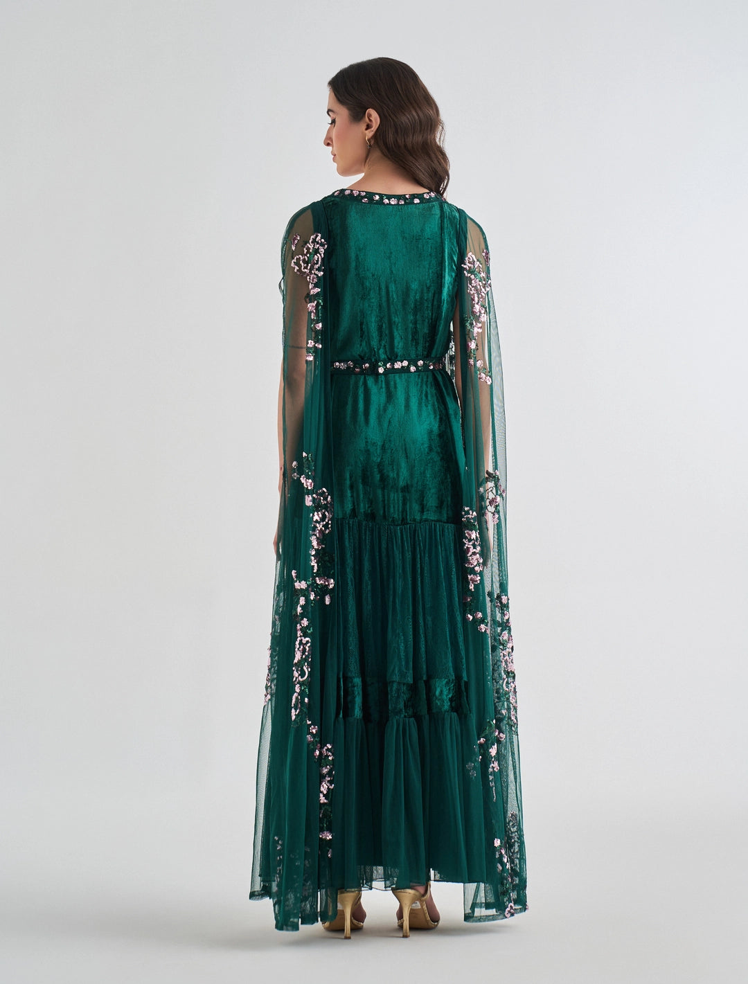Full-Length Dark Green Evening Dress with Long Chiffon Cape Sleeves Full-Length Dark Green Evening Dress with Long Chiffon Cape Sleeves