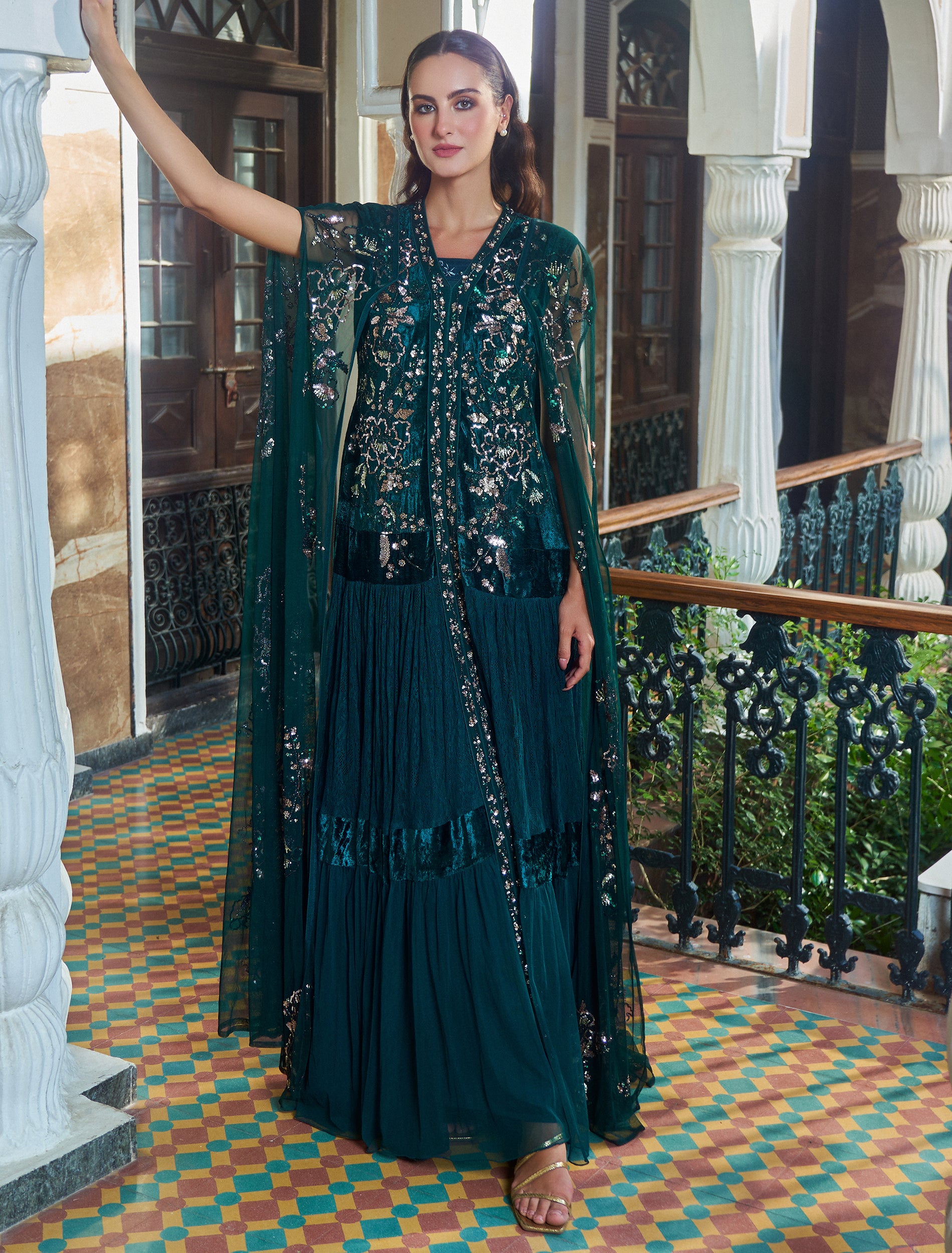 Full-Length Dark Green Evening Dress with Long Chiffon Cape Sleeves Full-Length Dark Green Evening Dress with Long Chiffon Cape Sleeves