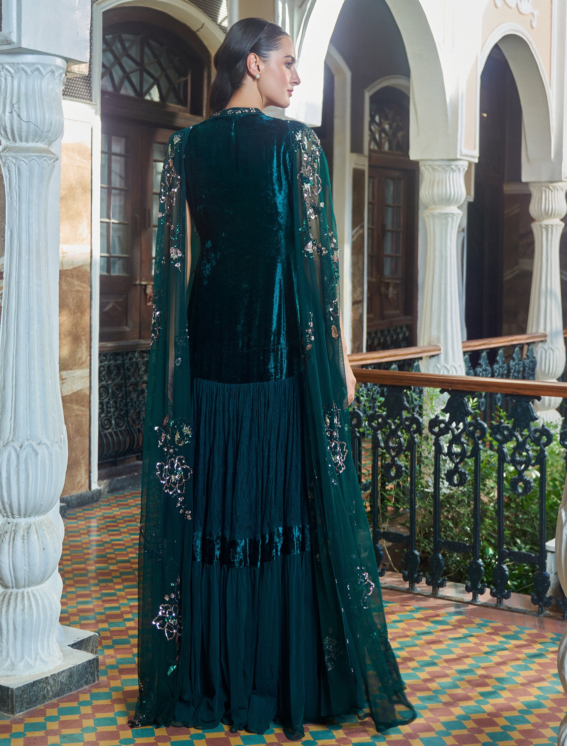 Full-Length Dark Green Evening Dress with Long Chiffon Cape Sleeves Full-Length Dark Green Evening Dress with Long Chiffon Cape Sleeves