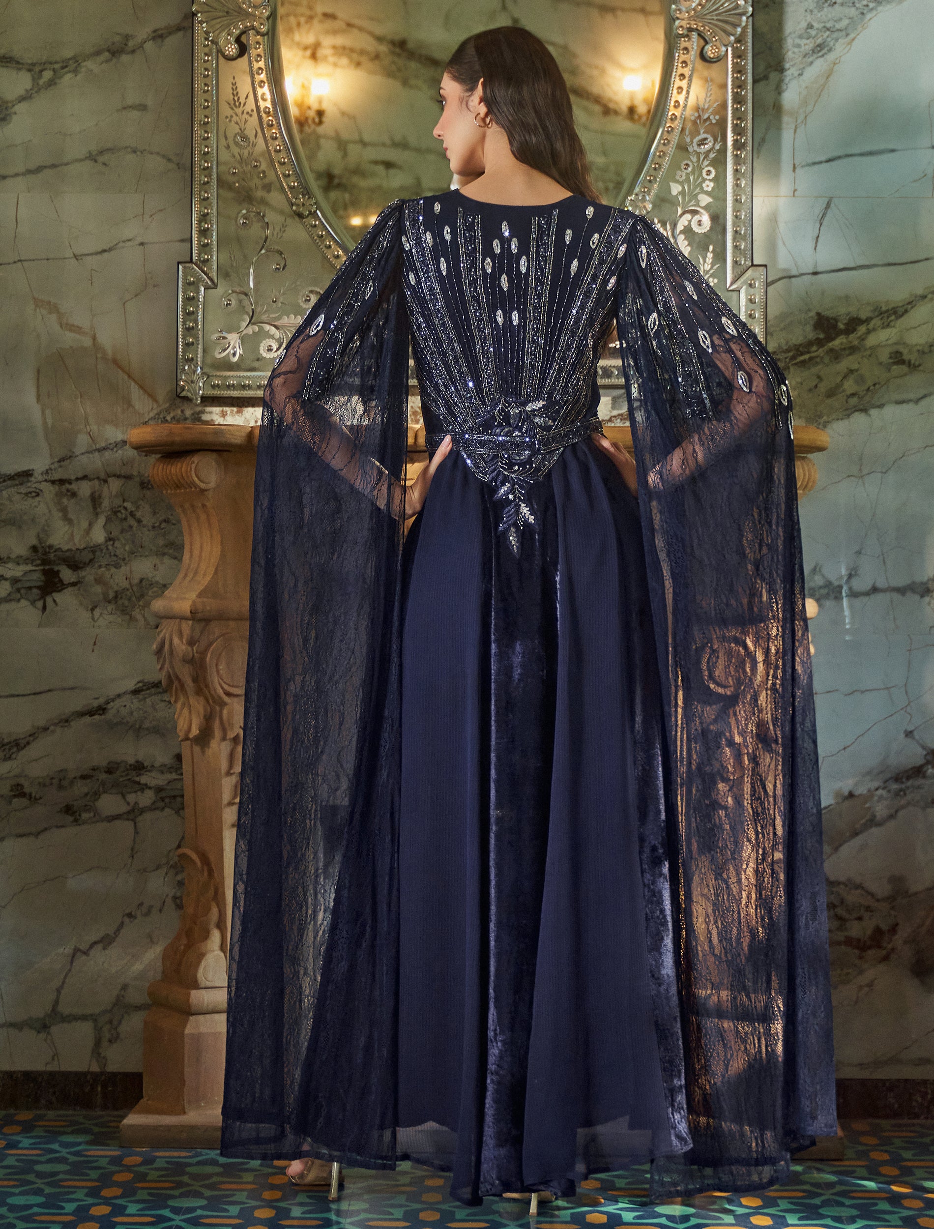 navy blue dress with cape Simple Long Classic Prom Dress with Cape