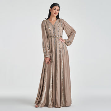 Women's Dress Collection: Long Velvet Beige Dress with Silver Embroidery Women's Dress Collection: Long Velvet Beige Dress with Silver Embroidery