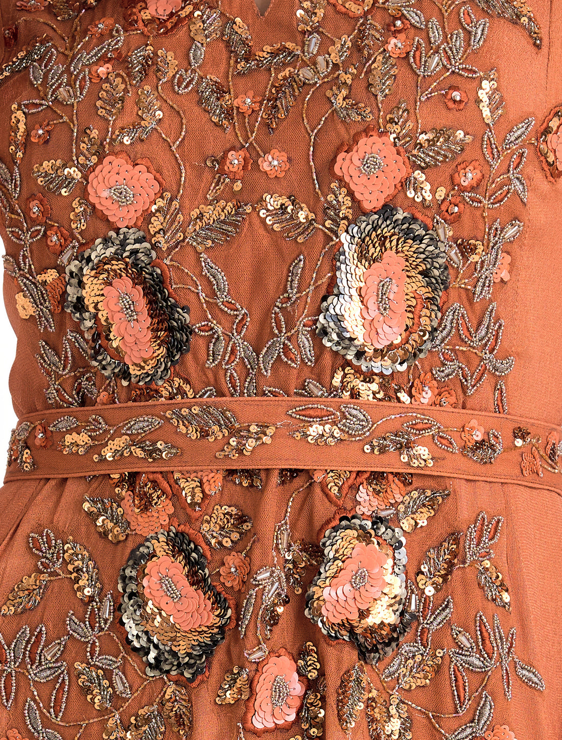 فستان سهره برتقالي مطرز بالورد مع حزام للخصر
floral embroidered evening dress with modest long sleeves 