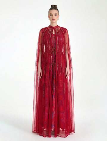 Hand-Embroidered Fuchsia Evening Dress with a Long Cape