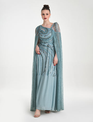 فستان سهرة مطرز يدويًا بأكمام دانتيل طويلة