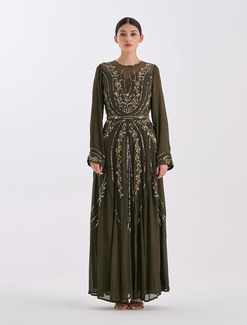 فستان سهرة زيتي راقي بتطريز يدوي