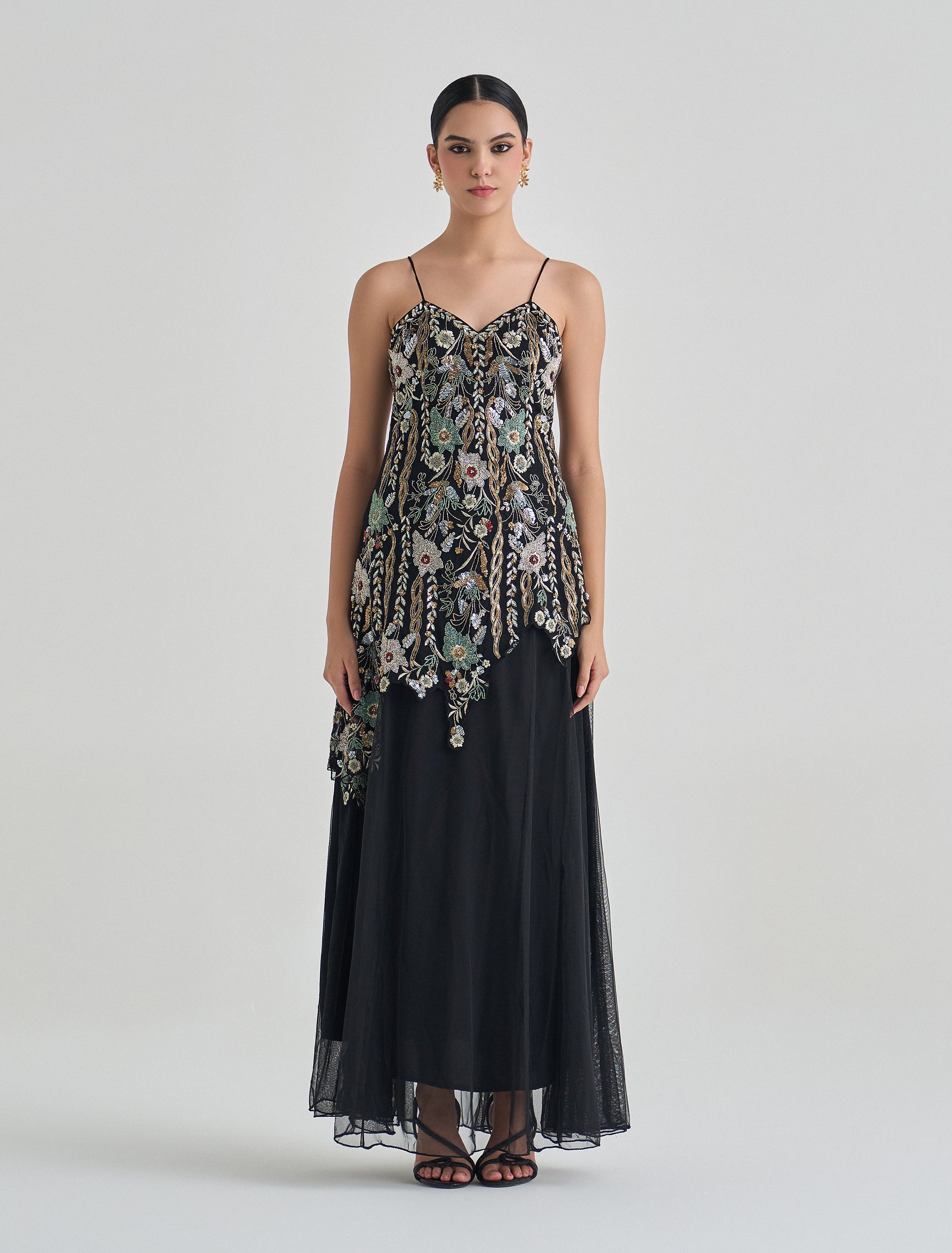 Long black dress with hand embroidery 