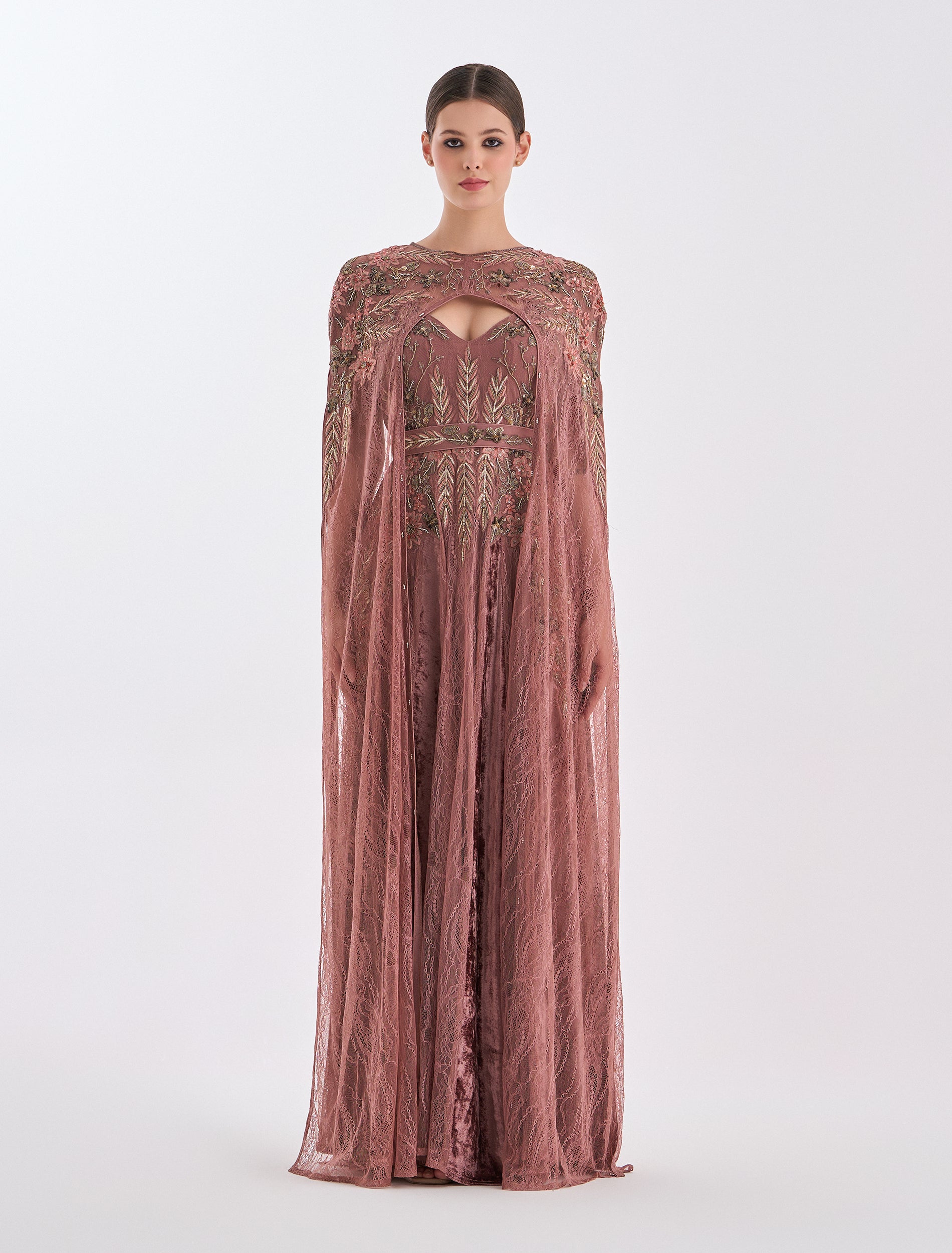 Long Dark nude dress in lace with hand-embroidered cape