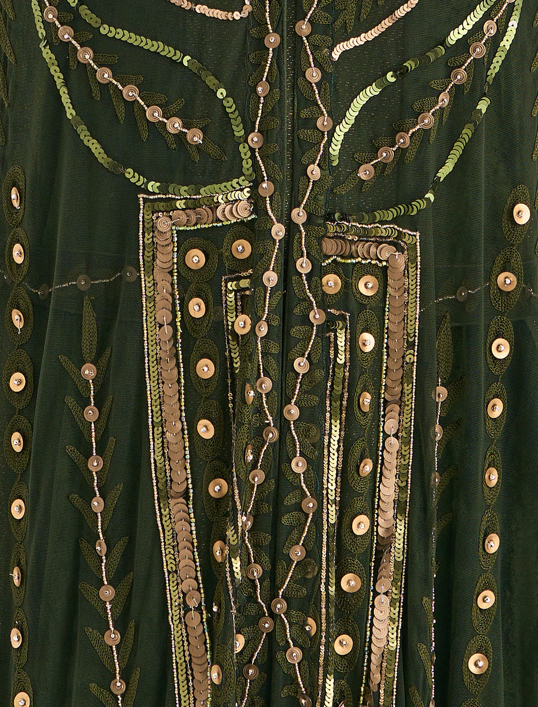 فستان بدون اكمام بلون زيتي بتطريزات ذهبية
Sleeveless Dress in olive-green with gold embroidery