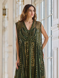 فستان بتطريز ذهبي بلون أخضر زيتي