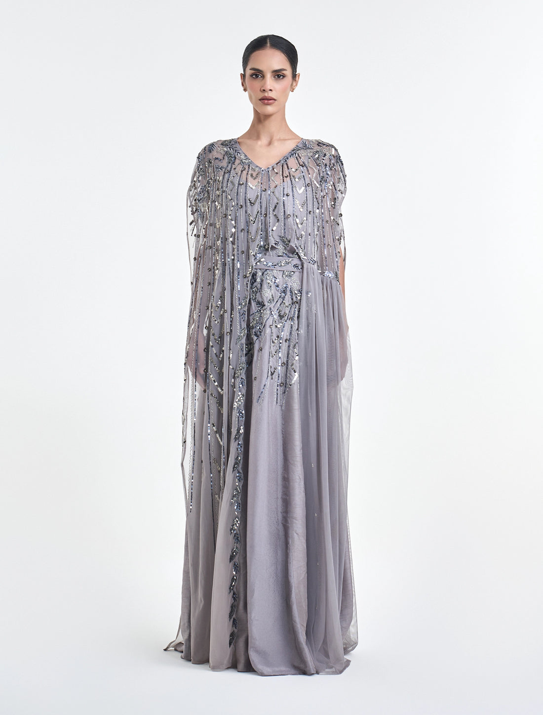silver dress with embroidered cape