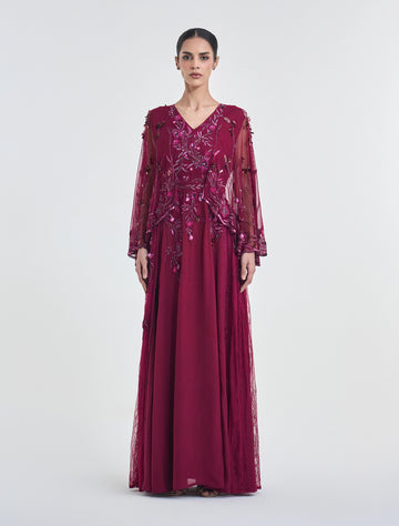 Burgundy Floral Embroidered Maxi Gown