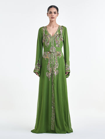 ستايل فستان سهرة أخضر بتطريز كريستال فاخر
green evening dress with crystal embroidery