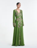 فستان سهرة ناعم بتطريز يدوي ملون
modest dress in lemon color with colorful embroidery