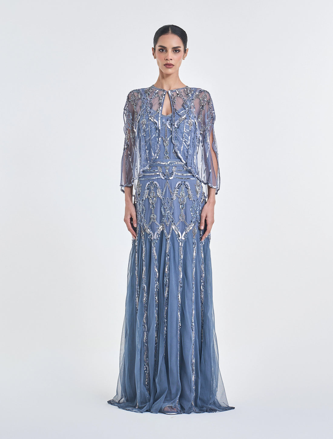 فستان لون رمادي فاتح مع بوليرو مطرز 
grey evening dress with a bolero