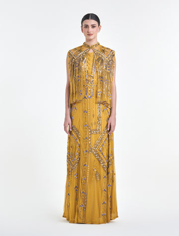 فستان كاب قصير بلون أصفر خردلي أنيق
cape dress in mustard yellow 