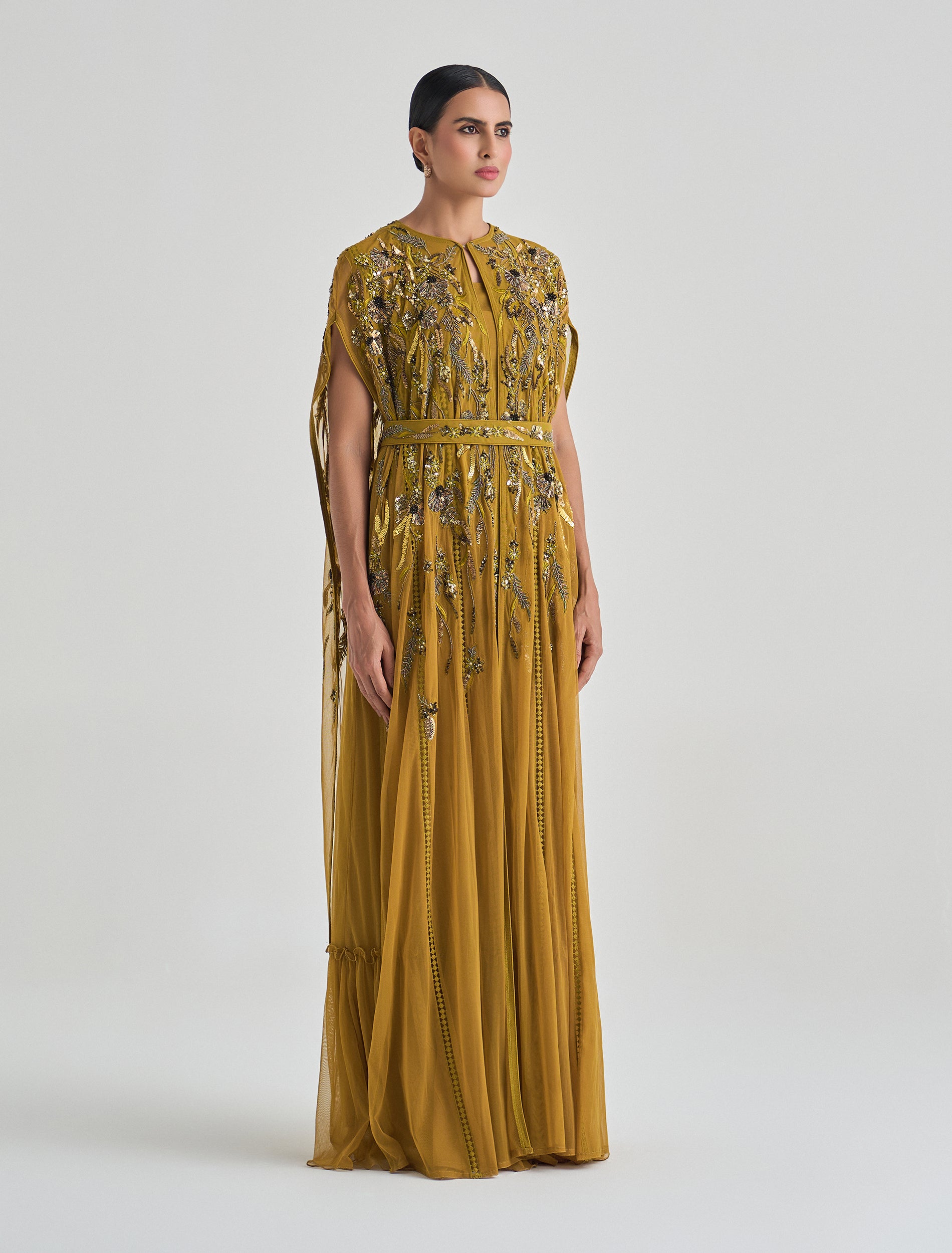 Dark mustard yellow dress with hand-embroidery tulle cape Dark mustard yellow dress with hand-embroidery tulle cape