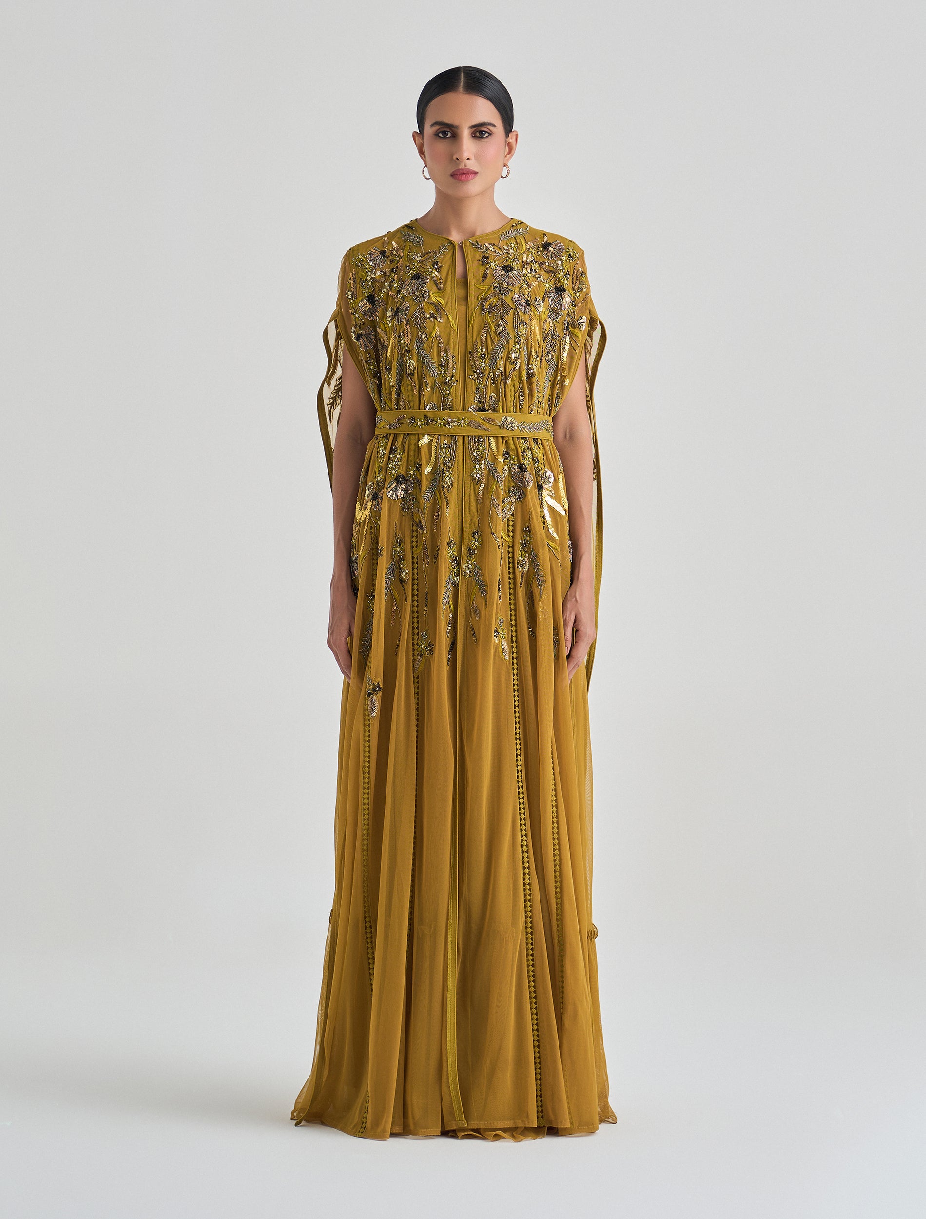 Dark mustard yellow dress with hand-embroidery tulle cape Dark mustard yellow dress with hand-embroidery tulle cape