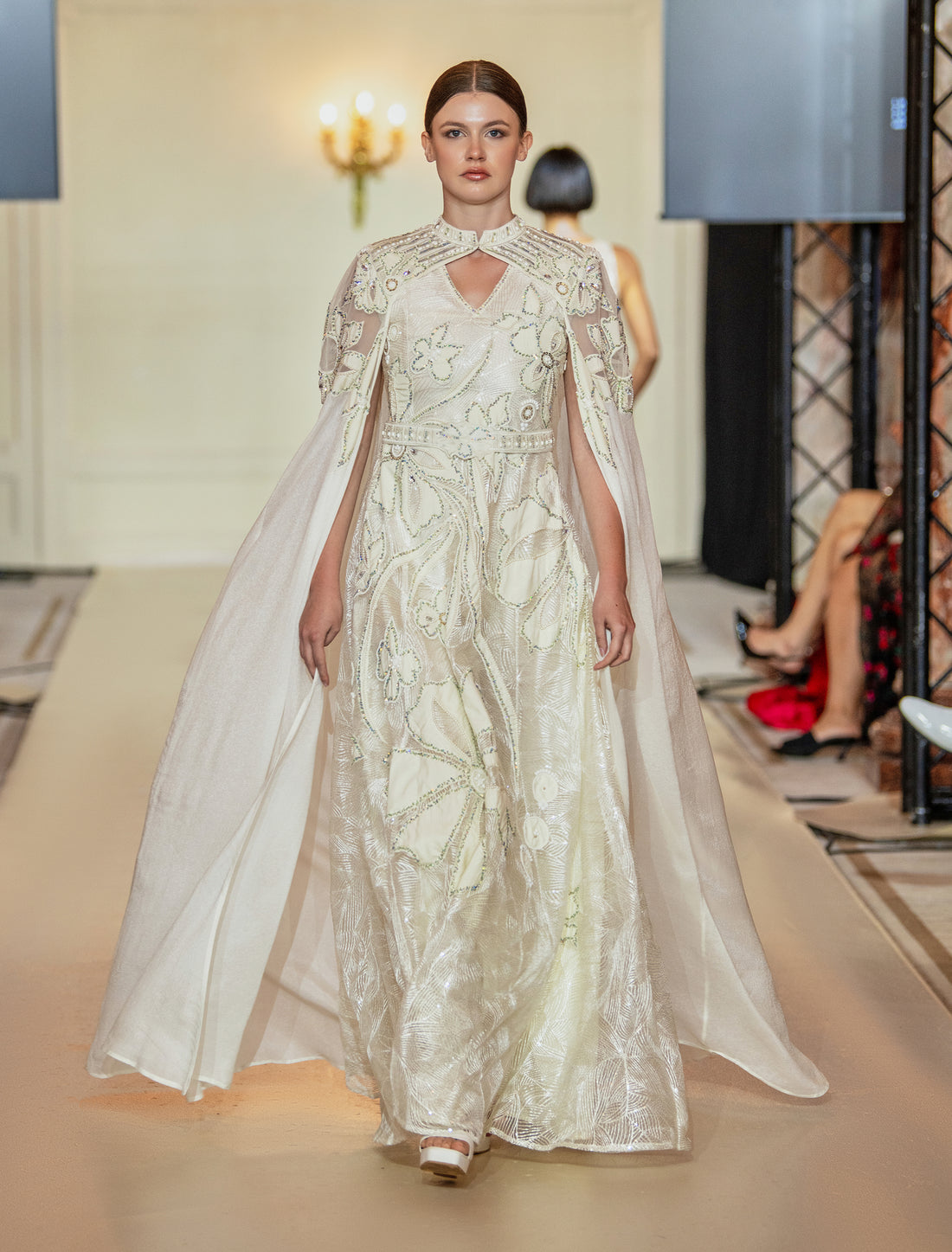 Off-White Chiffon Dress with Shiny Sequin & Bead Embroidery