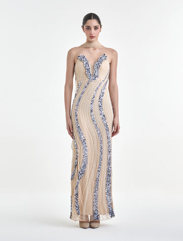 فستان اوف شولدر طويل مطرز بالخرز المميز