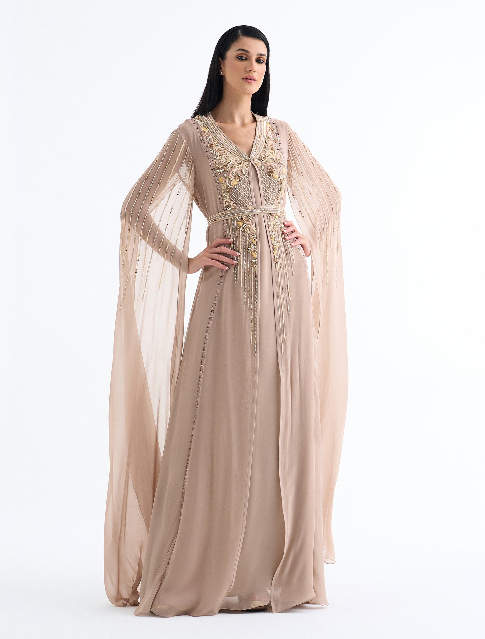 Shop Shalky's Luxury Dark Beige Evening Dress with Cape Sleeves