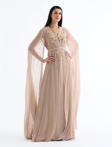 Shop Shalky's Luxury Dark Beige Evening Dress with Cape Sleeves Shop Shalky's Luxury Dark Beige Evening Dress with Cape Sleeves