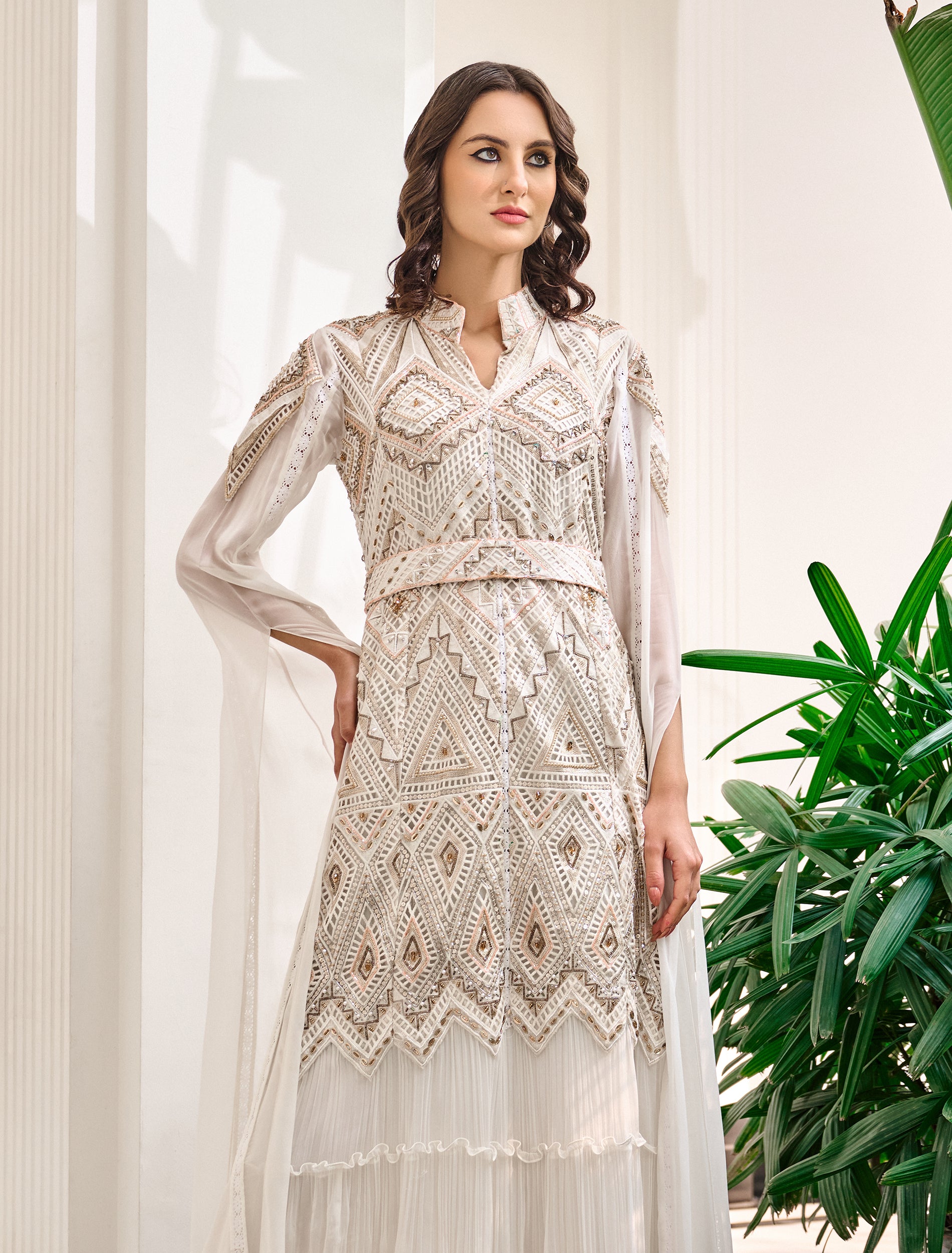 White Evening Dress with Gold Embroidery, a High Neckline, and Cape Sleeves White Evening Dress with Gold Embroidery, a High Neckline, and Cape Sleeves