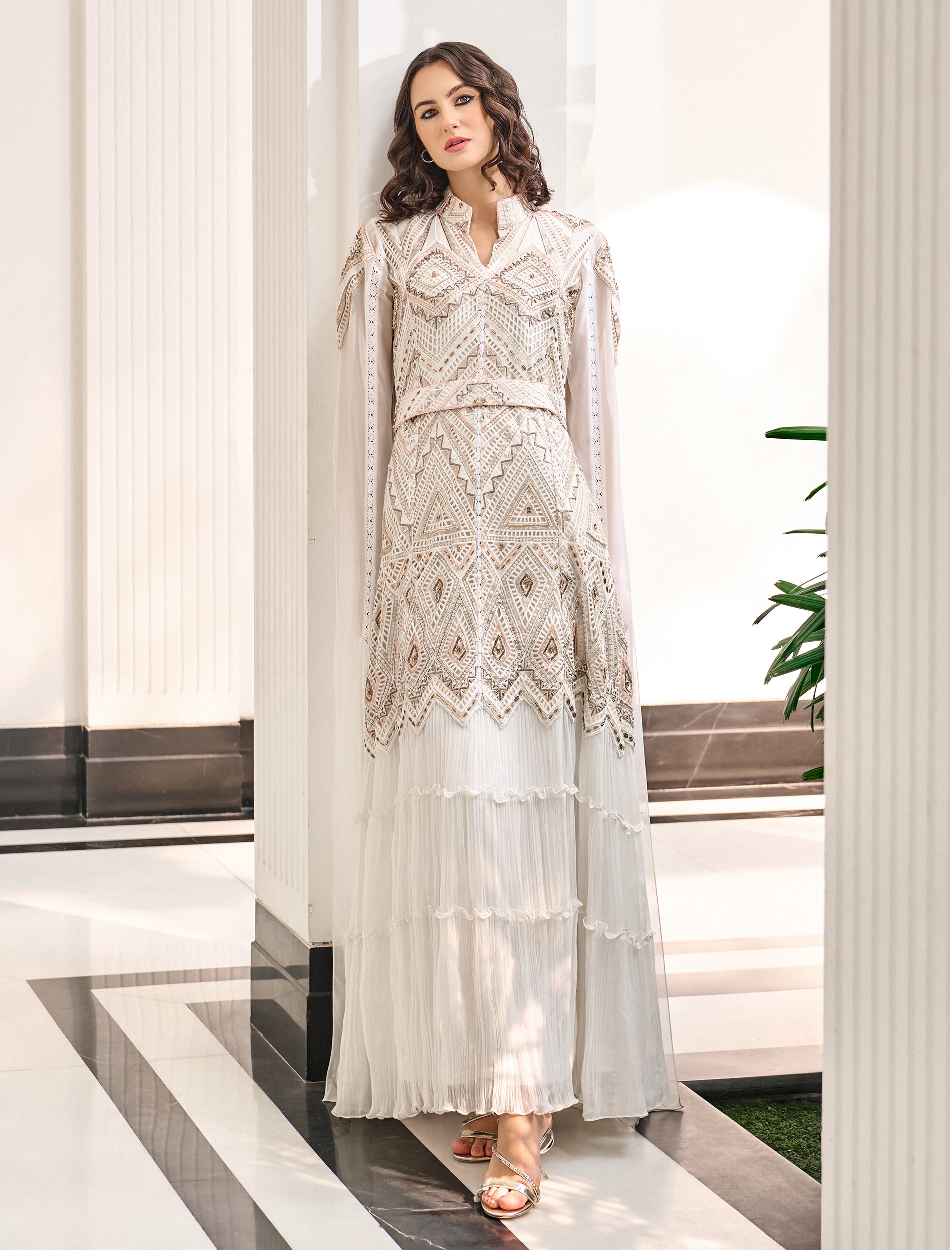 White Evening Dress with Gold Embroidery, a High Neckline, and Cape Sleeves White Evening Dress with Gold Embroidery, a High Neckline, and Cape Sleeves