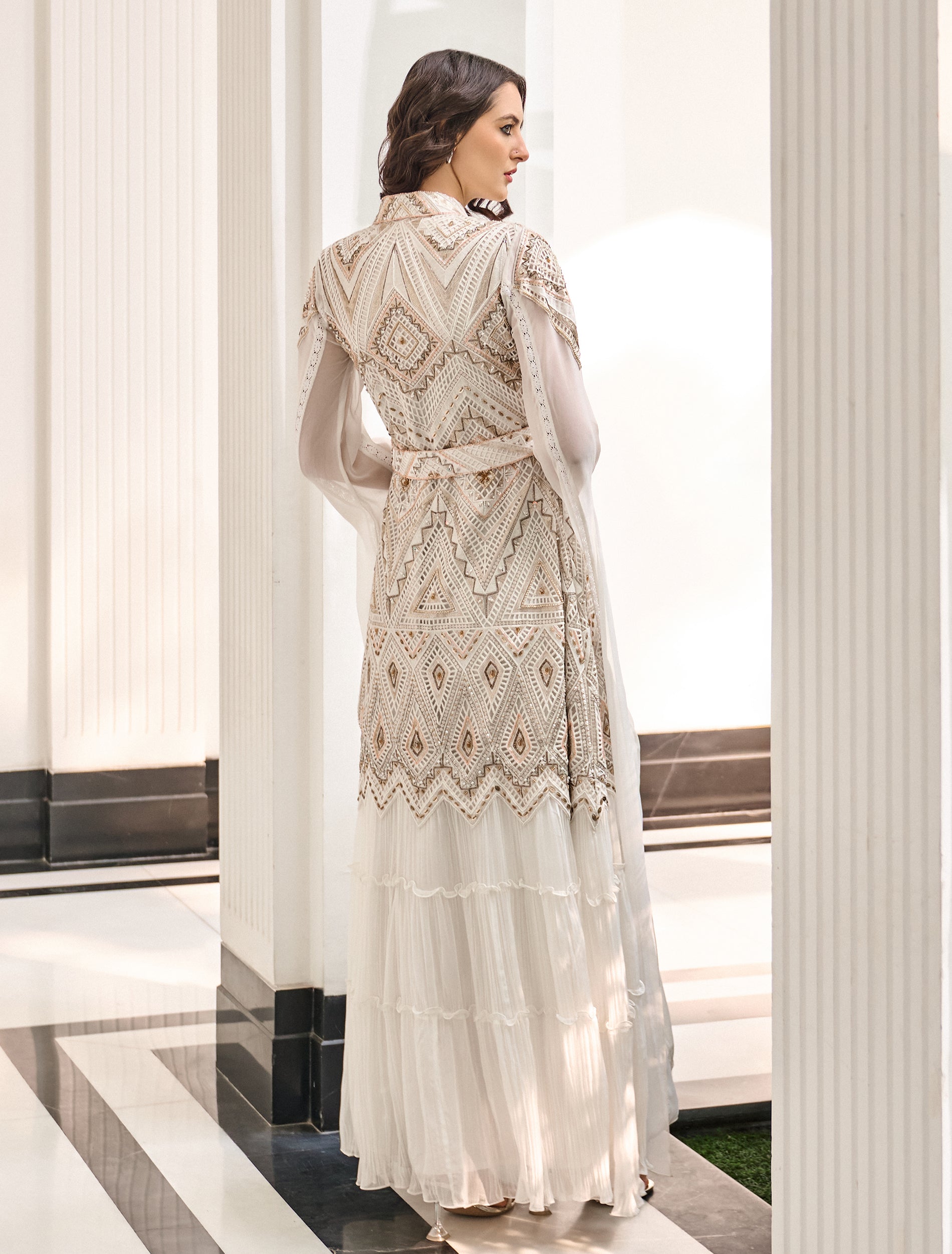 White Evening Dress with Gold Embroidery, a High Neckline, and Cape Sleeves White Evening Dress with Gold Embroidery, a High Neckline, and Cape Sleeves