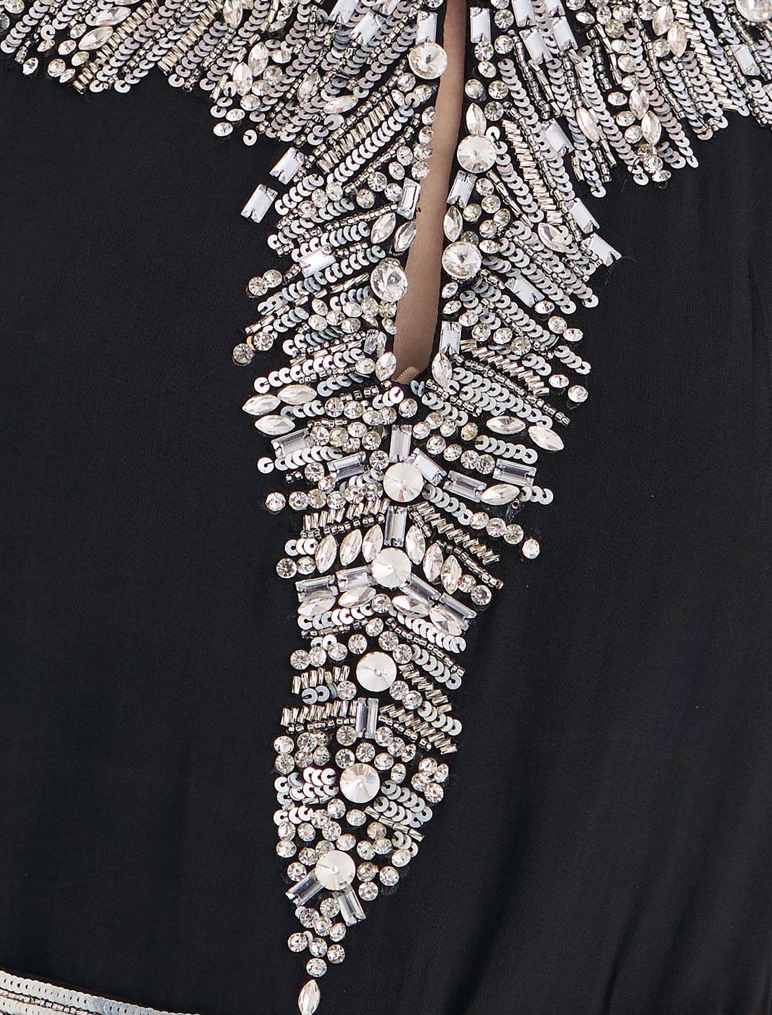 Long Black Evening Dress with Silver Hand Embroidery & Chiffon Cape Sleeves