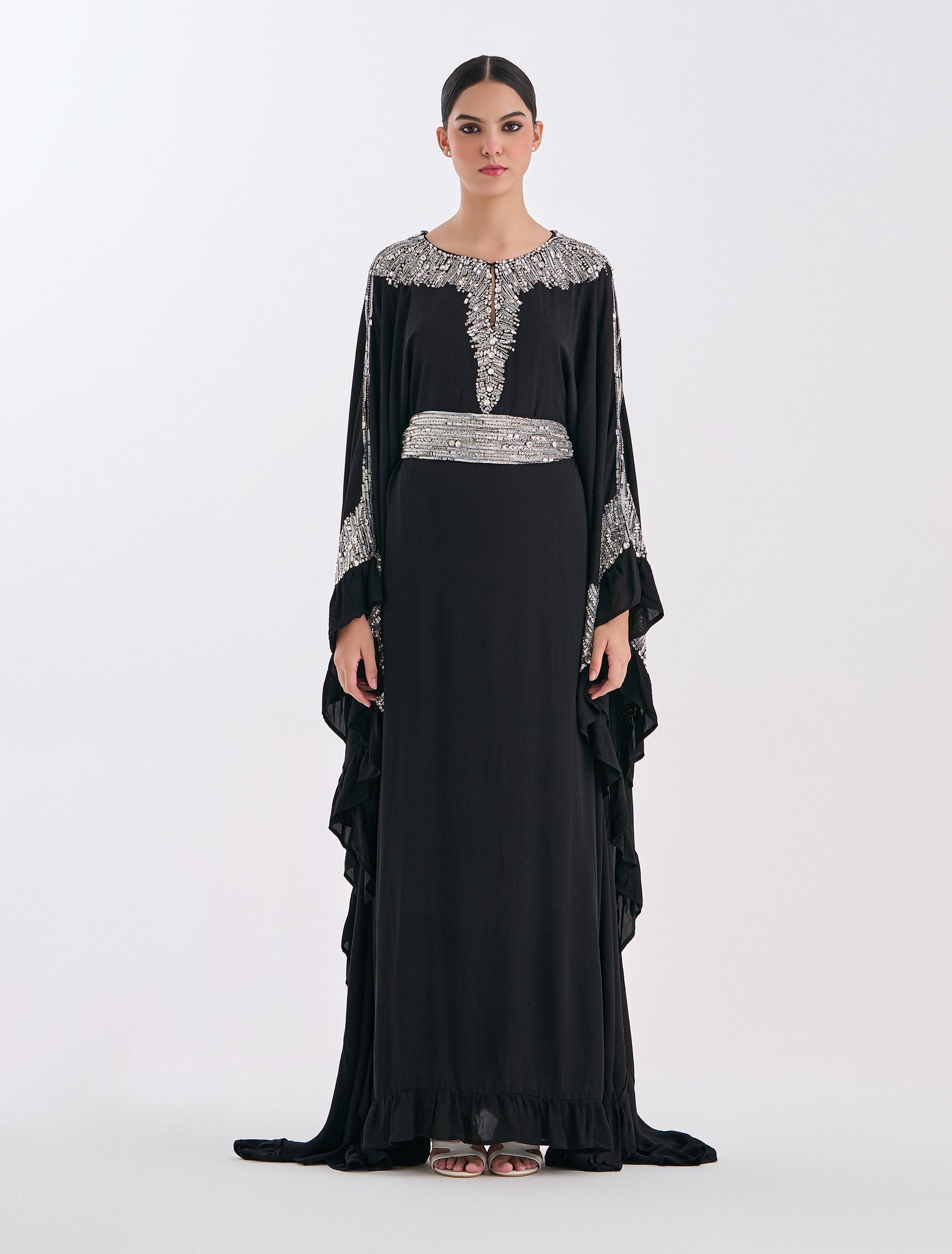 Long Black Evening Dress with Silver Hand Embroidery & Chiffon Cape Sleeves