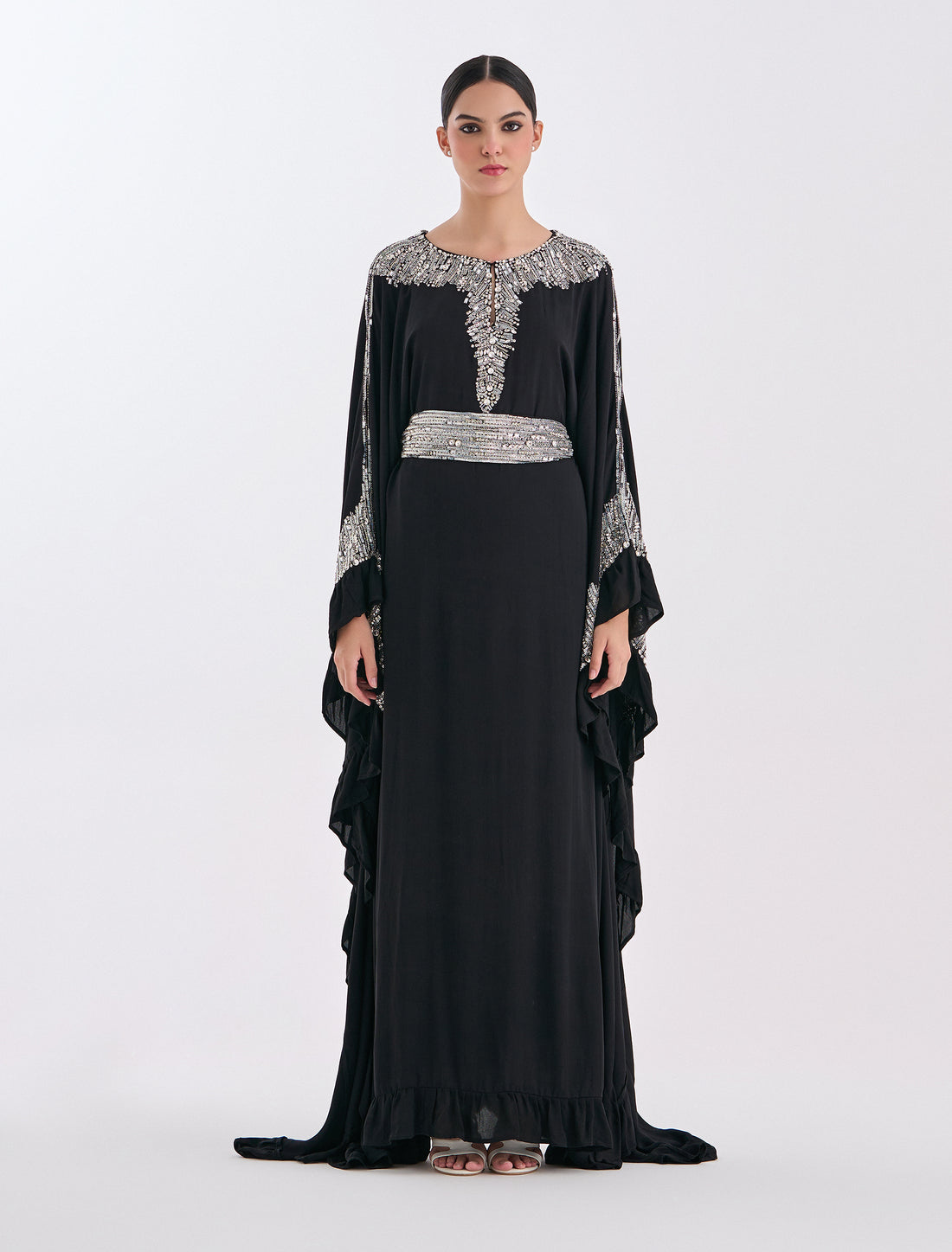 Long Black Evening Dress with Silver Hand Embroidery & Chiffon Cape Sleeves