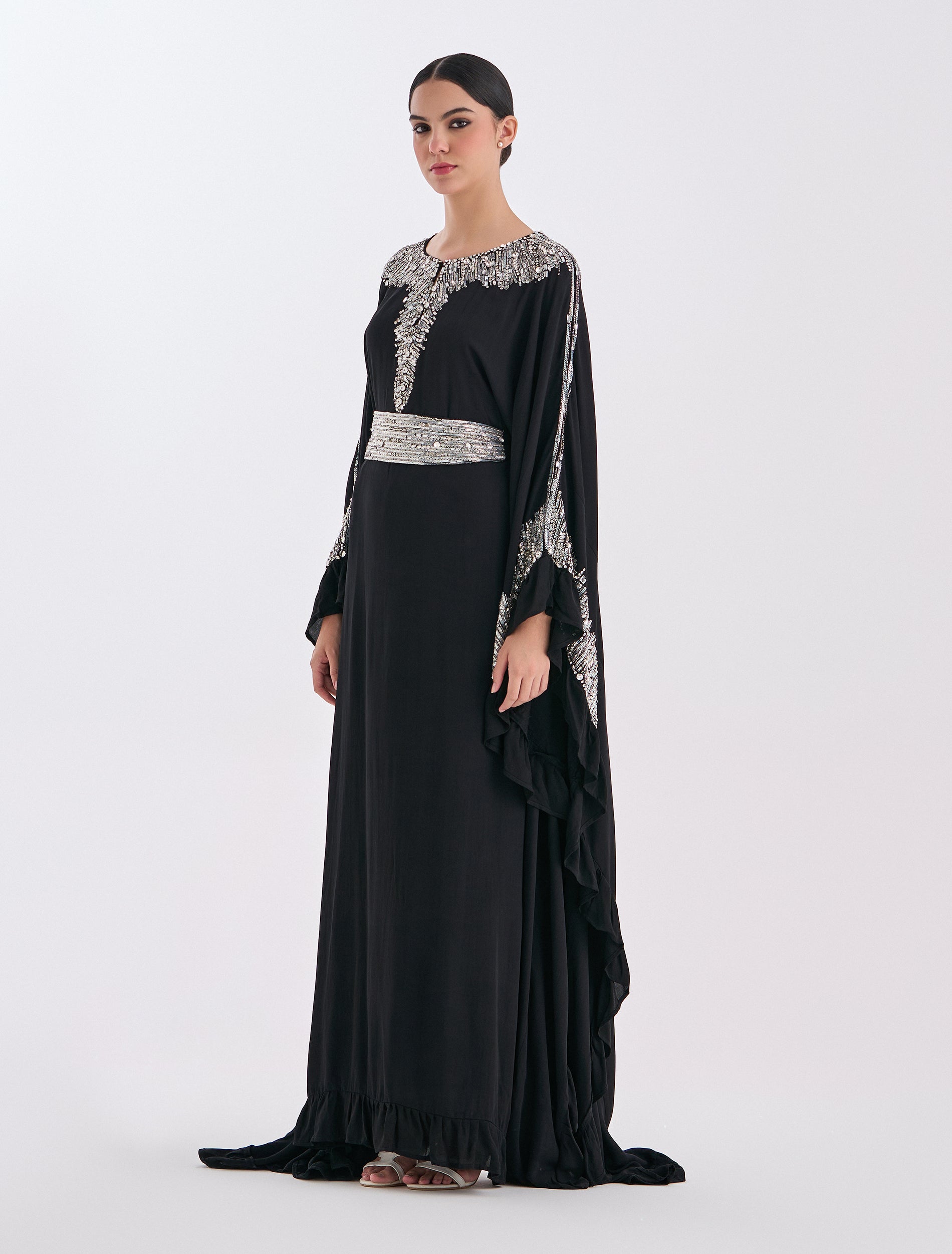 Black chiffon evening gown with silver embroidery 