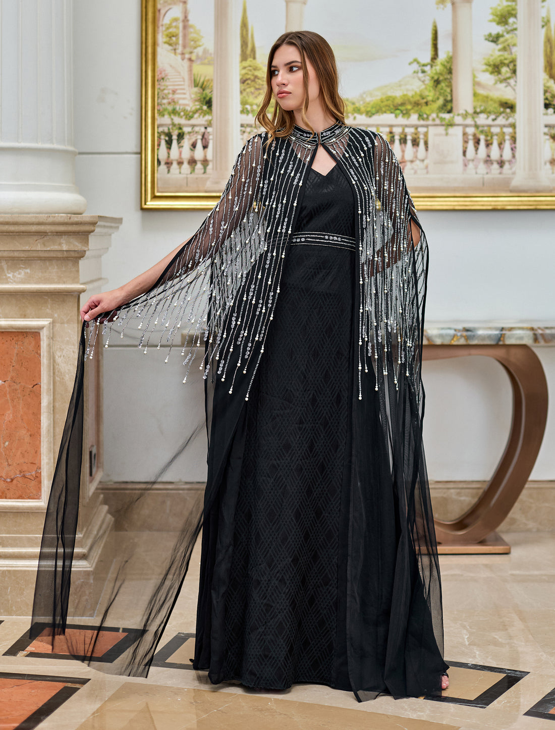 Black Dress with Soft Tulle Cape