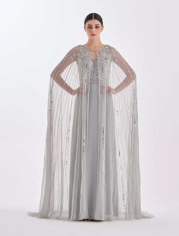 فستان سهرة رمادي طويل بتطريز يدوي