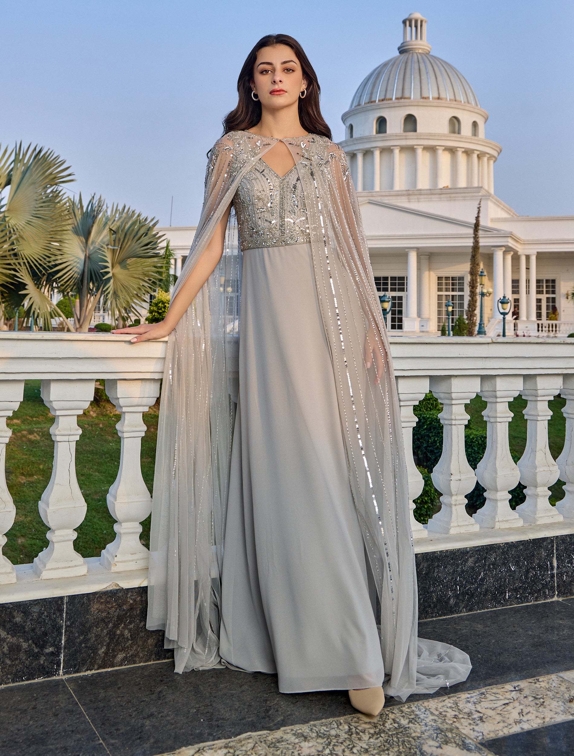 grey dress with cape Morgan Grey Sequin Cape Sleeve Maxi Dress