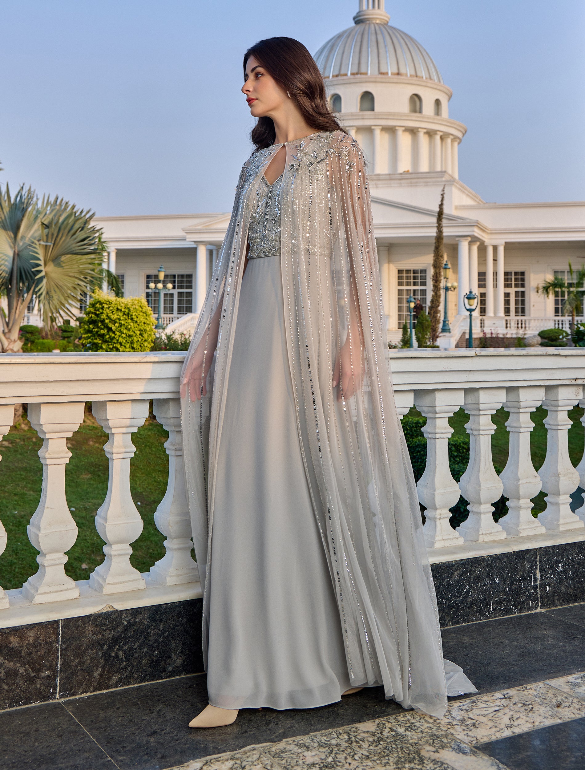 grey dress with cape Moonlit Charm Grey Satin Cape & Sleeveless Maxi Dress Set, Grey S