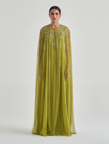 فستان انيق طويل بلون زيتي مع كاب مطرز