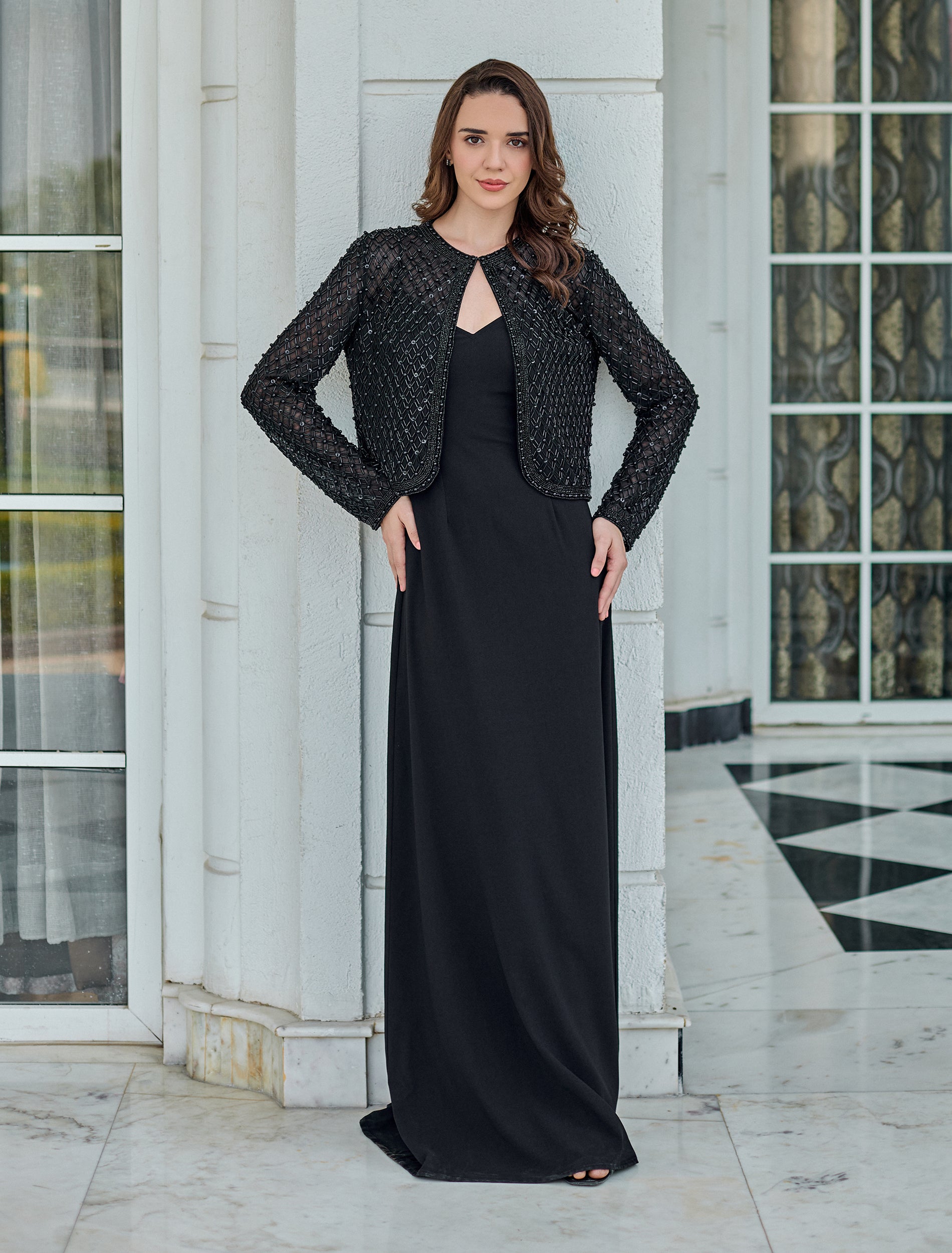 Modest black dress with embroidered blazer