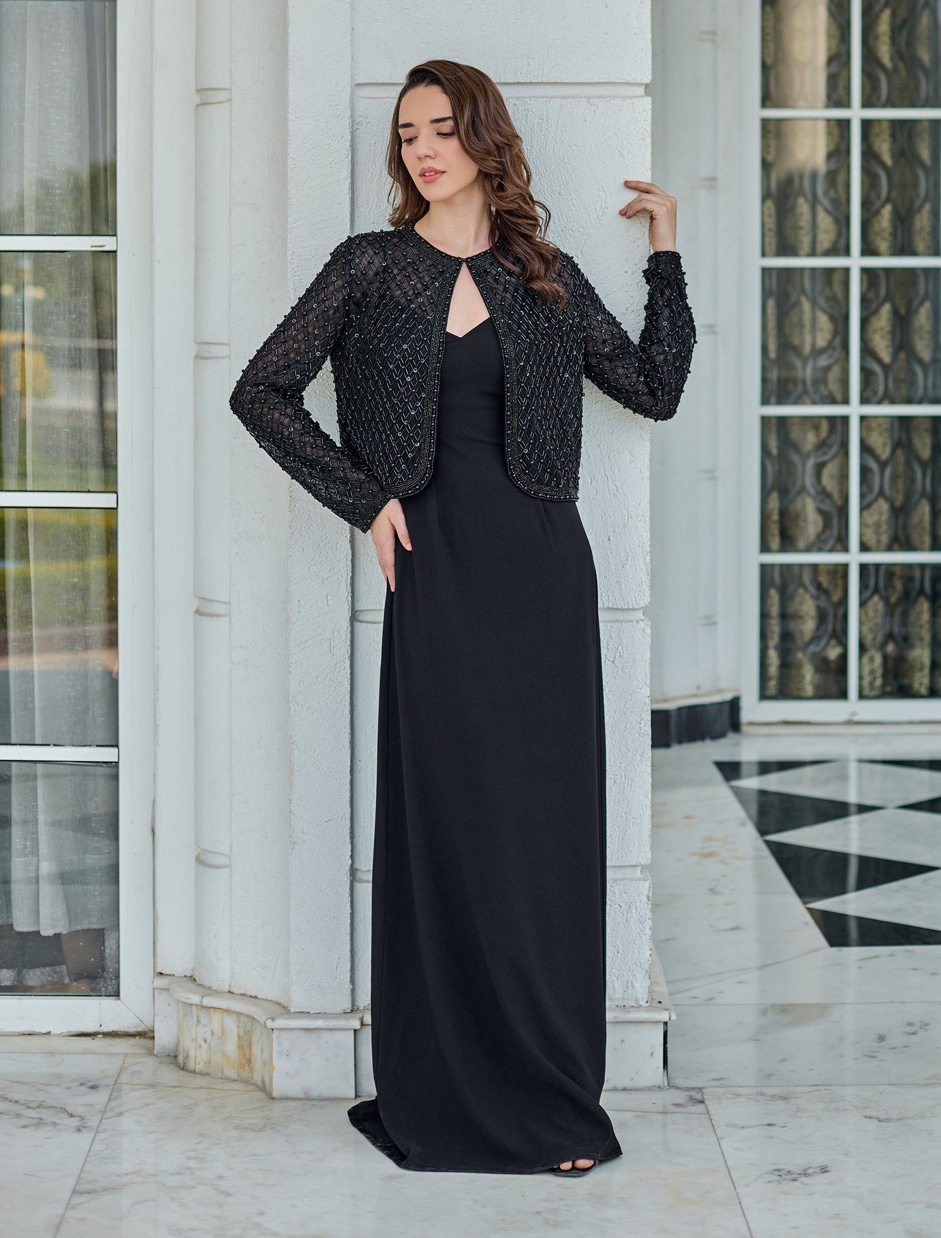 Black Dress with Embroidered Cropped Jacket