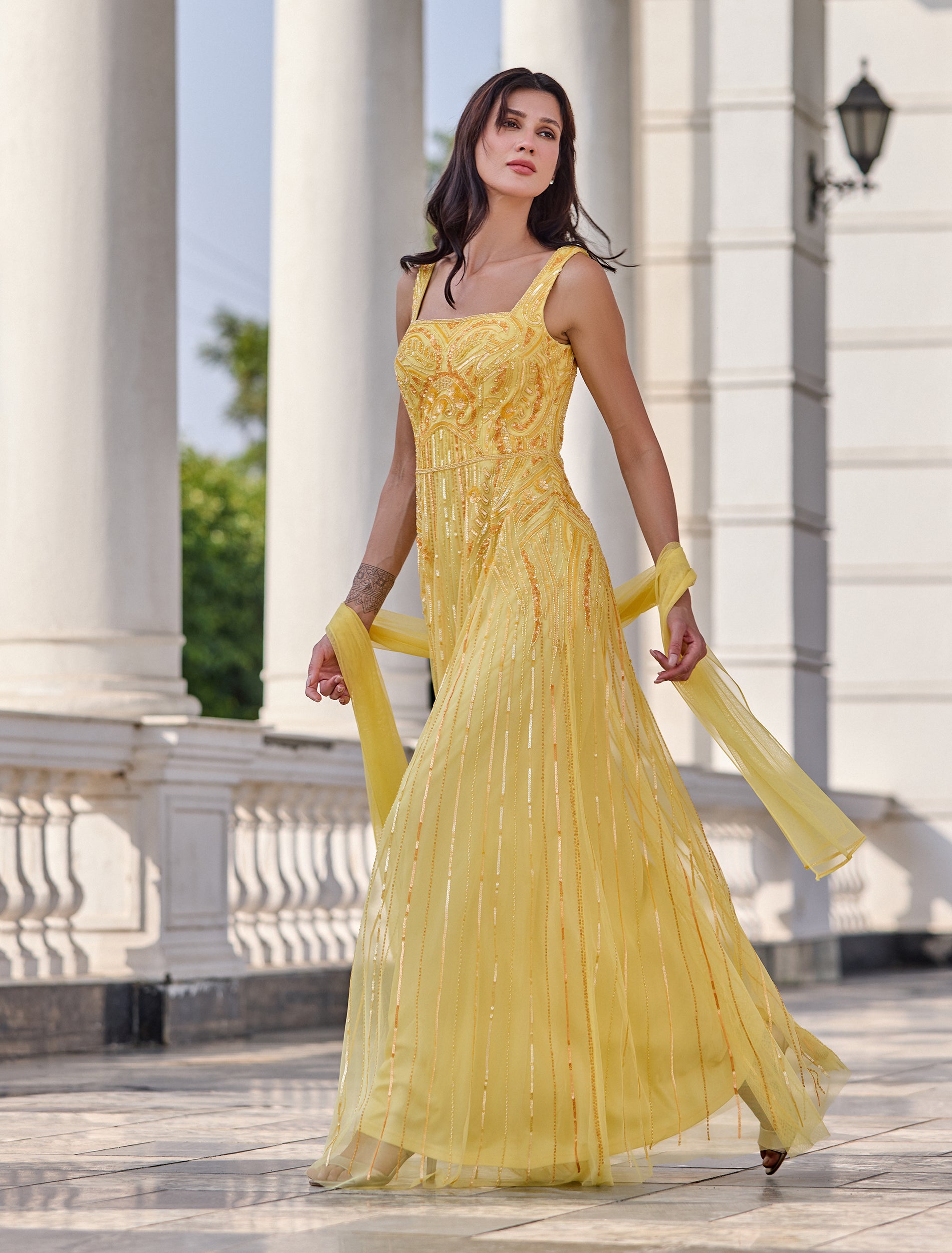 long yellow dress with shawl