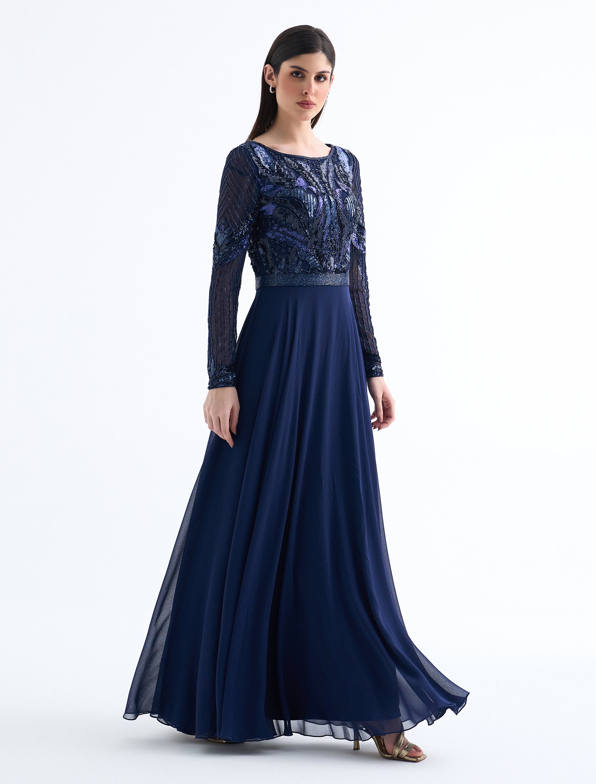 Long-sleeved Navy Blue Dress with Rounded Neckline Long-sleeved Navy Blue Dress with Rounded Neckline