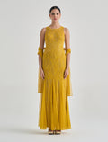 Long yellow evening dress with hand embroidery 