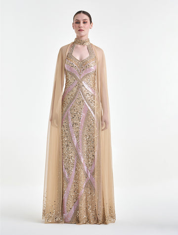فستان ذهبي لامع سهرة برقبة عالية مع فتحة أنيقة